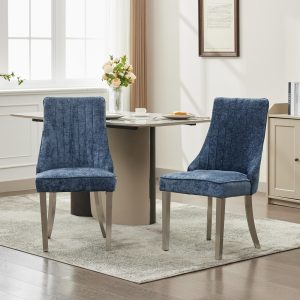 Rayon Cloth Flocking Chenille Dining Chairs Channel Kitchen Dinner Chair Comfy Fabric Upholstered Accent Chair For Dining Room With Silver Brushed Stainless Steel Legs,Set Of 2 Blue, SW1747BL