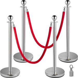 Retractable Silver Round Top Queue Control Barrier Posts Stands Security Stanchion Rope Divider With 1.5M Red Rope Crowd Control Barrier Silver Round Top Column