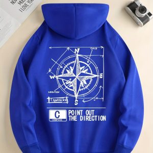 Fashion Green Compass Pattern Hoodie Casual Autumnwinter Pullover With Drawstring Kangaroo Pocke