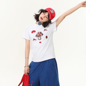 Women's Mushroom Embroidered Crew Neck Shoulder Short-sleeved T-shirt