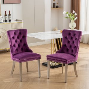 Nikki Collection Modern, High-end Tufted Solid Wood Contemporary Velvet Upholstered Dining Chair With Chrome Stainless Steel Plating Legs,Nailhead Trim,Set Of 2,Purple And Chrome, SW1701PP