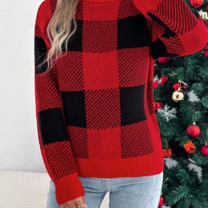Casual Color Block Plaid Lantern Sleeve High Neck Sweater