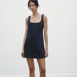 New Women's Fashion Square Neck Wide Strap Short Denim Dress