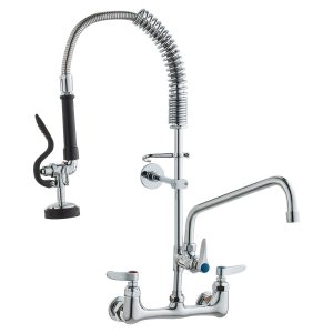 Commercial Faucet With Pre-Rinse Sprayer, 25" (63.5 Cm) Height, 8" (20.3 Cm) Center, 12" (30.5 Cm) Swing Spout, Wall Mount Kitchen Sink Faucet, Brass Constructed Device With Pull Down Spray