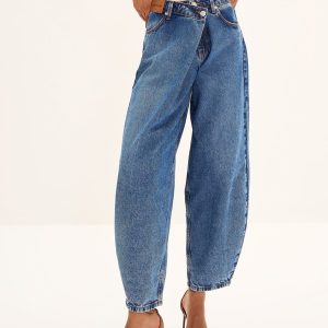 Blue Denim Balloon Jeans With Asymmetric Waist
