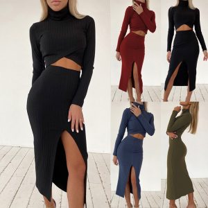 High-neck Long-sleeve T-shirt High-waist Wrap Slit Skirt Casual Set