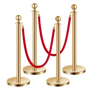 Stanchion Post, 4 Pcs Crowd Control Barrier Set With 2 Red Velvet Ropes, 5 Ft Stainless Steel Gold Stanchion Post Queue With Sand Injection Hollow Base For Theater, Party, Wedding, Exhibition