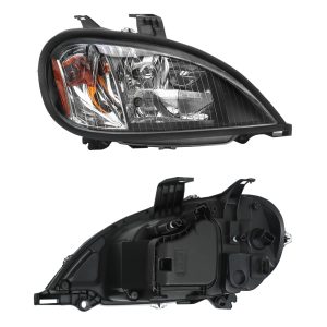 Headlights Assembly Fit For 2004-2017 Freightliner Columbia, Black Housing And Amber Reflector Headlamps, Left And Right Pair Set, Including Halogen Bulbs