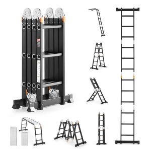 Multi-Purpose Folding Ladder, 7-in-1 Tall Extension Step Ladder, A Frame 3 Step With Scaffolding Plank Telescoping Ladder, 12ft Reach Height Heavy Duty Ladder, 330 Lbs Capacity For Home Outdoor
