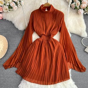 Horn Long Sleeves Stand Collar Waist A-line Chiffon Dress
