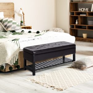 44" Tufted Faux Leather Ottoman Storage Bench With Shoe Rack
