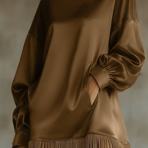 Loose Pocket Tassel Long-Sleeve Suede Dress