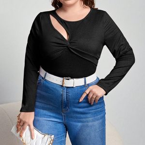 Women's Slim-fit Solid Color Long-sleeved Top With Delicate Sexy Hollow-out Design