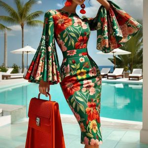 Women's Floral Print Round Neck Bodycon Dress Vibrant Red & Green Fit Flare Summer Dress With Bell Sleeves