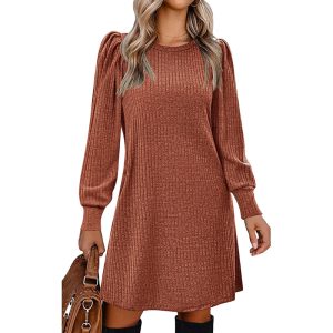 Women's Puff Sleeve Midi Dress - 2025 Spring Fall Casual Long Sleeve Round Neck Dress