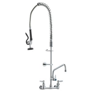 Commercial Faucet With Pre-Rinse Sprayer, 36' Height, 8' Center, 12' Swing Spout, Wall Mount Kitchen Sink Faucet, Brass Constructed Device With Pull Down Spray, For 1/2/3 Compartment Sink