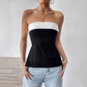 Contrast Color Tube Top Elegant Graceful Commuter Off-neck Tube Top