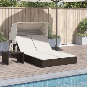 Double Sun Lounger with Canopy and Cushions, Poly Rattan