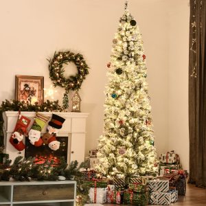 Pre-Lit Snow-Flocked Slim Douglas Fir Artificial Christmas Tree with Realistic Branches