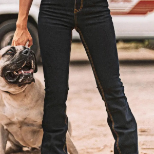 High-Rise Bootcut Jeans For Women, Tummy Control Dark Wash Denim With Double Button Waist, Durable Western Work & Riding Pants