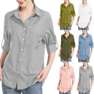 Women's Solid Color Business Lapel Zipper Pocket Long Sleeve Shirt