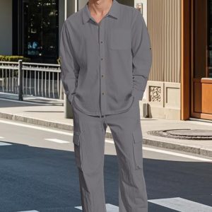 Long Sleeve Lapel Linen Shirt Overalls Suit