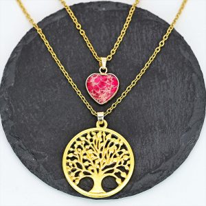 2-layer Red Heart Emperor Stone Life Tree Pendant Necklace