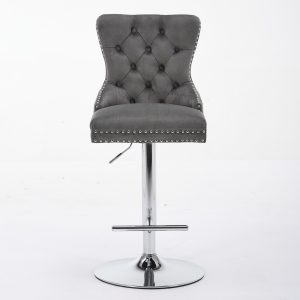 Thick Chrome Swivel Velvet Barstools,Adjustable 25 33 Height,Modern Upholstered With17.7  Base,Tufted Buttons Diamond Pleating,Sponge Spring Seat,for Home Pub&Kitchen Island Gray, Set Of 2