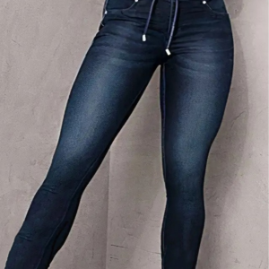 Athleisure Style Skinny Jeans For Women, Mid-Rise Pull-On Denim With A Sporty Drawstring Waist, Butt-Lifting Dark Wash Jeggings