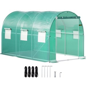 Walk-in Tunnel Greenhouse, 12 X 7 X 7 Ft Portable Plant Hot House W/ Galvanized Steel Hoops, 1 Top Beam, Diagonal Poles, Zippered Door & 6 Roll-up Windows, Green