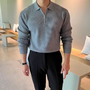 Gray Long-sleeved Knitted POLO Shirt For Men In Autumn