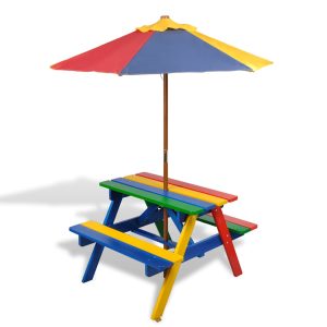 Children's Picnic Table with Benches & Parasol, Multicolor