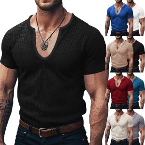 Men's Solid Color V-neck Slim Casual T-shirt