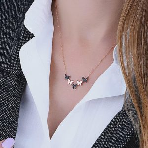 Rose Gold Butterfly Necklace Black Stone Sterling Silver Pendant