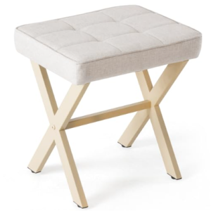 Square Linen Stool, Small Ottoman Stool Chair, Metal X-legs, Soft Cushion Seat