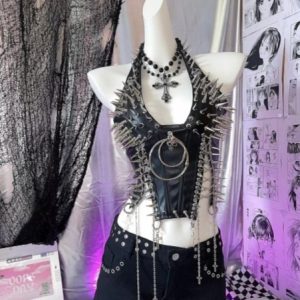 Wild And Sweet Cat Pure Desire Spicy Girl Metal Rivet V-Neck Cross Chain PU Leather Music Festival Y2K Vest