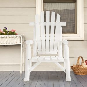 Outdoor Wooden Rocking Chair, Single-Person Adirondack Rocking Patio Chair with Rustic High Back, Slatted Seat and Backrest for Indoor, Backyard, Garden, White