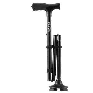 Walking Cane For Man Woman, Folding Walking Stick With 8-Level Adjustable Height, 4-Pronged Pivoting Base, Lightweight & Portable Aluminum Mobility Aid For Seniors Adults, 250LBS Loading Black