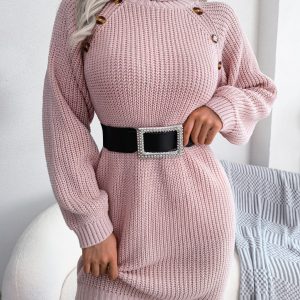 Casual Buttoned High Neck Long Sleeve Sweater Dress