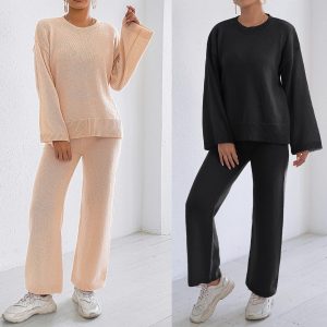 Loose Comfort And Casual Pullover Sweater Straight Wide Leg Pants Trousers Two-piece Set