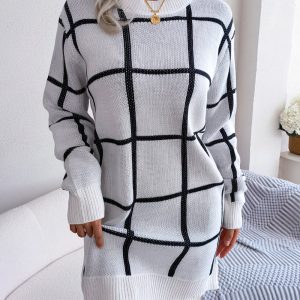 Casual Color Block Plaid Long Sleeve Sweater Dress