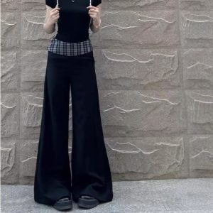 Women's High Waist Loose Plaid Patch Casual Wide Leg Pants