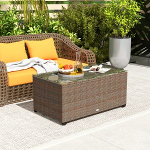Outsunny 90 X 50cm Glass-Top Rattan Side Table - Brown
