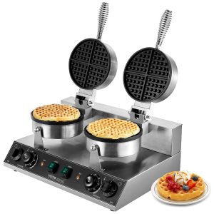 Commercial Waffle Maker Dual-Head Round Waffle Iron 2460W Non-Stick