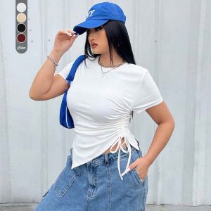 Simple Style Round Neck T-shirt Slim Fit Solid Color Top