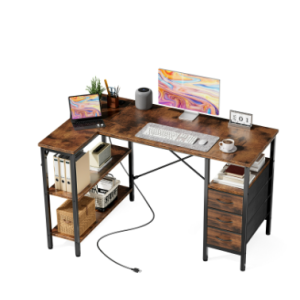 L-shaped Computer Gaming Table With Monitor Stand, 3 Drawers, USB Interface, Power Socket, Corner Workstation