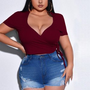 Sexy V-neck Slim-fit Short Sleeve Solid Color Knit T-shirt For Women