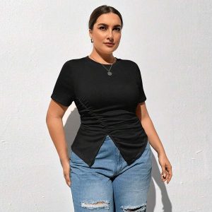 Simple Style New Round Neck Solid Color Short Sleeve Slit T-shirt