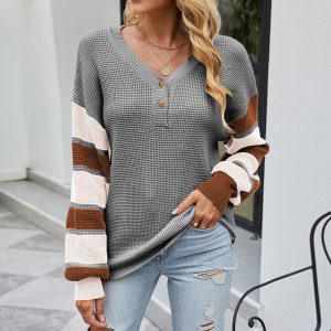 Striped Open-front Button-knit Lantern Sleeve Sweater Women