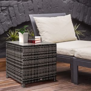 Outsunny Square PE Rattan Garden Table, With Glass Table Top - Grey